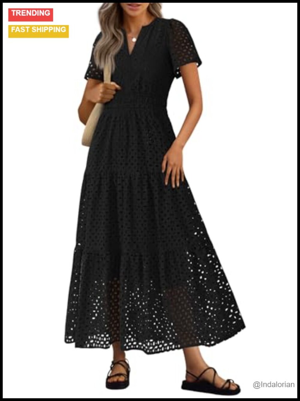 Women's Summer Hollow Out Eyelet Maxi Dress V-Neck A-Line Short Sleeve
